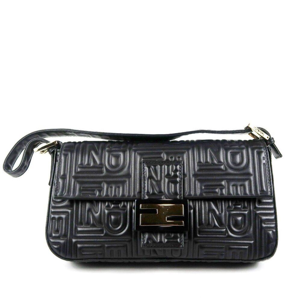 FENDI Mamma Bucket Embossed Shoulder Bag Black All Leather